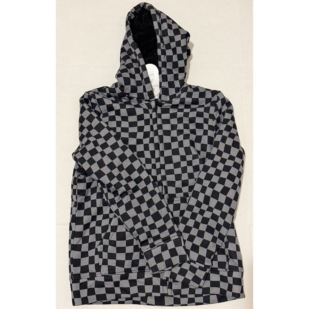 Wonder Nation Boys XL 14/16 Black Gray Checkered Soft Zip Hoodie Lined Hood